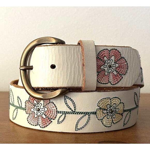 Fossil Cream Floral Embroidered Leather Belt Womens Small Classic - Picture 1 of 7